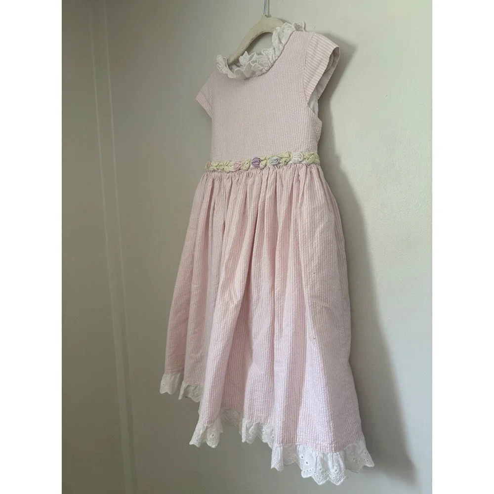 Vintage Laura Ashley Girls Pink Seersucker Eyelet Lace Floral Dress Girls Size 6
